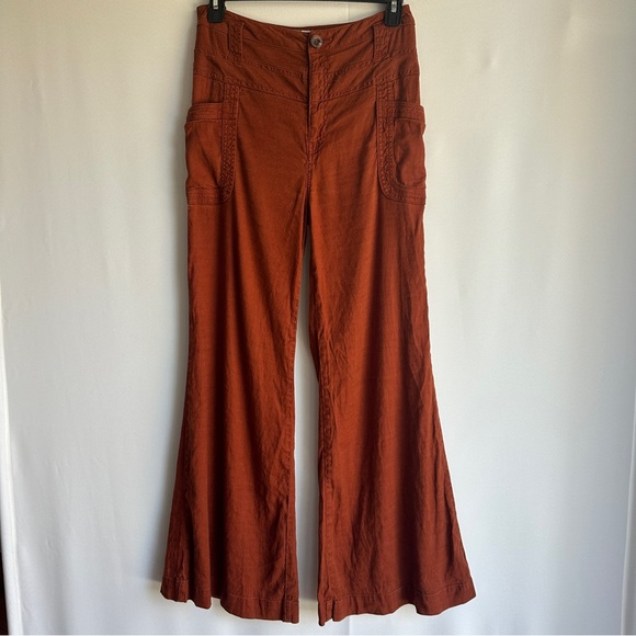 Anthropologie Linen Blend Wide Leg Flare Pants Burnt Orange Size 28 - Picture 1 of 9